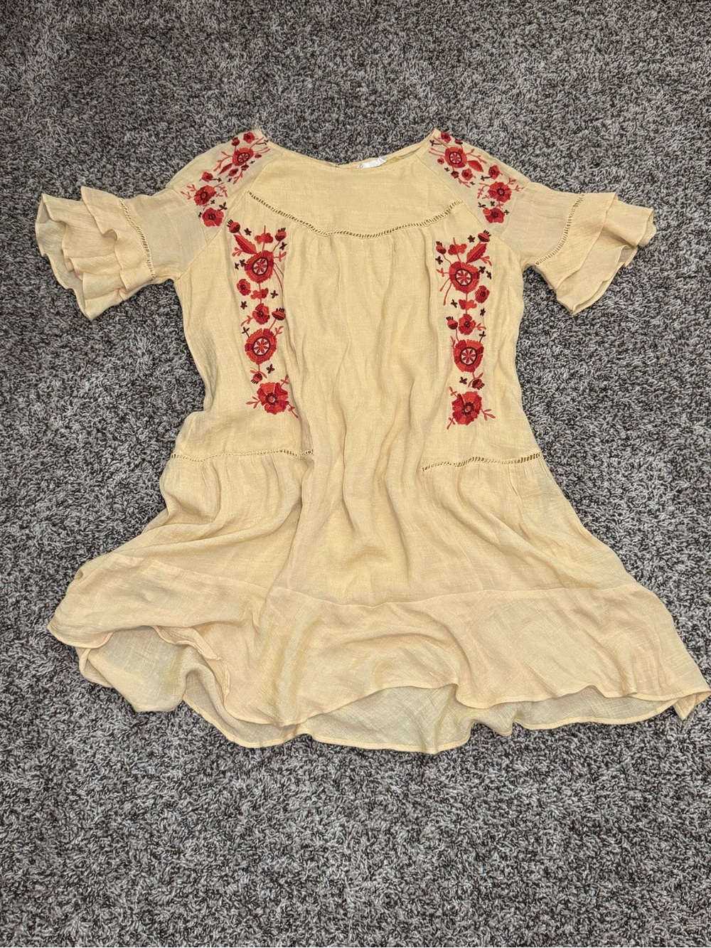 Yellow Boho Embroidered Short Dress with Red Floral Accents